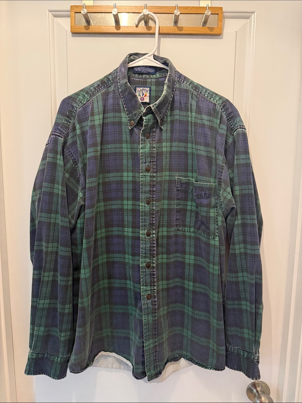 Vintage Mareh Flannel Shirt Plaid Green Blue Distressed Grunge 90s 100% Cotton